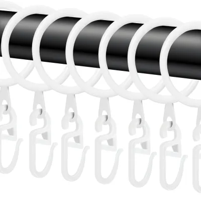 Produktbild von 40 Stück Metall-Gardinenringe und Kunststoff-Gardinenhaken – mit 30 mm Innendurchmesser – für Gardinen – Weiß