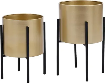 Produktbild von 2er-Set - Übertöpfe mit Gestell - Metall - 25 x 39 & 23 x 35,5 - Goldfarben & Schwarz - EDMEE