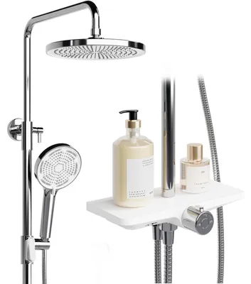 Immagine prodotto di Sistema doccia Regendusche con ripiano, in acciaio inossidabile, colonna regolabile, soffione da 25 cm