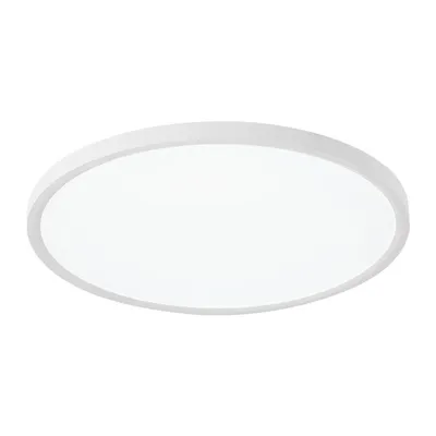 A white, circular LED ceiling light is shown against a white background.