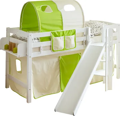 Produktbild von Podestbett mit Rutsche "Tino" Buche Weiß Classic (Beige-Grün)