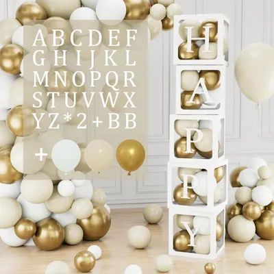 Image de Kit de décoration pour baby shower, 104 pièces : 5 boîtes à ballons, 54 lettres, 45 ballons en sand, blanc et or