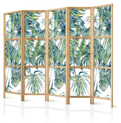 Produktbild von Muralo Japanischer PARAVENT 5-teilig Raumteiler klappbar PREMIUM-Vliesleinwand TROPISCHE BLÄTTER für Wohnzimmer 225cmx172cm