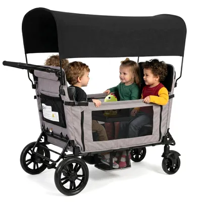 Immagine prodotto di Carrello pieghevole Flieks con tettuccio, carrello a mano con cintura a 5 punti e 4 posti, sedile trasformabile in letto, regolazione dell'impugnatura a 8 posizioni, 138x126x72 cm, grigio chiaro