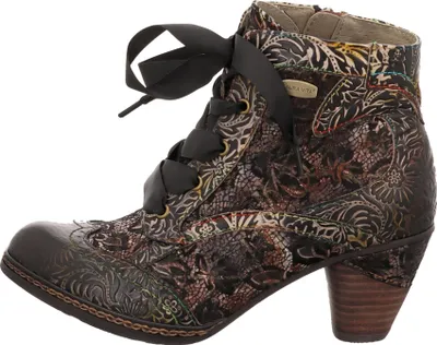 A single brown lace-up ankle boot with a patterned design.