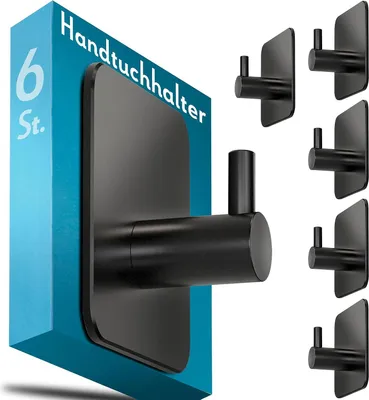 Produktbild von Clord - Handtuchhalter - Kein Bohren - 6 Stück - Edelstahl wasserdicht - Selbstklebende Wandhaken schwarz