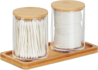 Immagine prodotto di Contenitore per Cotone fioc Relaxdays con vassoio, 2 vasetti con coperchio, organizer per cosmetici in plastica/bambù, trasparente/naturale