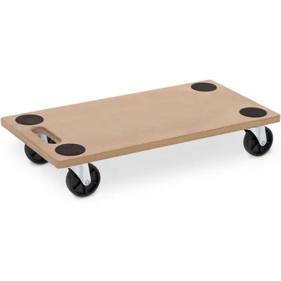 A wooden dolly with four wheels, designed for moving heavy objects.