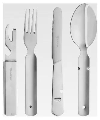 Produktbild von 4-teiliges Campingbesteck, Bundeswehrbesteck, Edelstahl Besteckset, Outdoor Besteck Set, zusammensteckbar, mit Flaschenöffner, Dosenöffner und Brotmesser