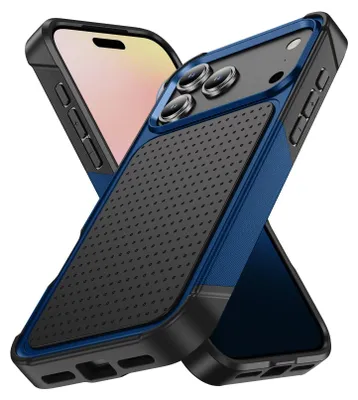 A blue and black iPhone case is shown diagonally against a white background.