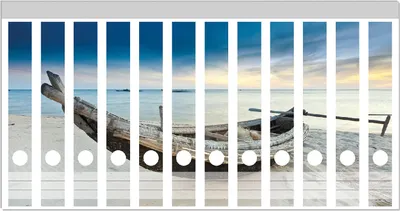 Produktbild von Wallario Ordnerrücken Sticker, selbstklebend für schmale Ordner, 12 Stück, Motiv Fischerboot am Strand mit Sonnenuntergang