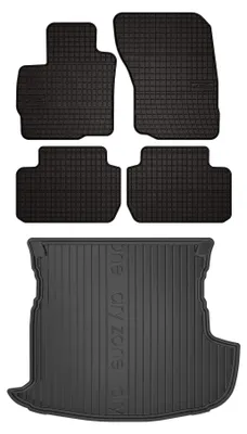 Image de Tapis en caoutchouc + bac de coffre pour Mitsubishi Outlander III 2012-2022 (SUV, avec caisson de basses, 5 places) – 5 pièces, noirs, sur mesure