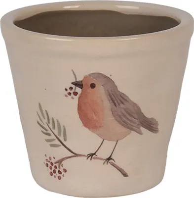 Image de Clayre & Eef Pot de fleurs Ø 12x11 cm Beige Céramique Oiseau