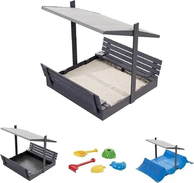 Imagen del producto de Caja de arena de madera de 150 cm con techo, banco y cubierta en color antracita