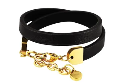 Produktbild von Just Wickelarmband aus Echtleder und Edelstahl in Schwarz mit IP Gold-Beschichtung
