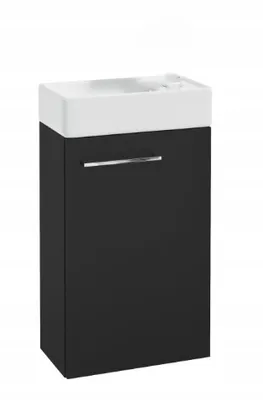 A black bathroom cabinet with a white sink on top, set against a white background.
