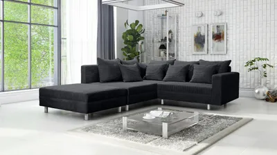 Produktbild von Wohnlandschaft Sofa Couch Ecksofa Eckcouch Cordstoff Graphite + Hocker Minsk L