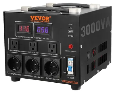 Zdjęcie produktu dla Przetwornica napięcia VEVOR 3000W Transformator AC 110V⇋220V Przetwornica 3 amerykańskie 3-stykowe gniazda wyjściowe NEMA 5-15R, 3 europejskie gniazda wyjściowe Shucko, 1 gniazdo USB i 1 gniazdo typu C