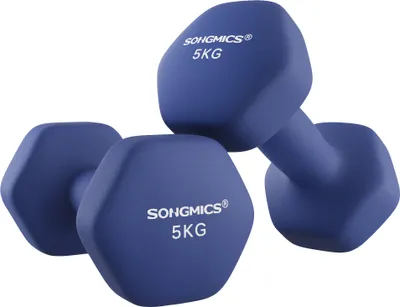Produktbild von SONGMICS Hanteln, 2er Set, 2 x 5 kg, Hantelset, Kurzhanteln, Hexagon, Neopren-Beschichtung, Krafttraining, Workout, Fitnesstraining, für Zuhause, blau
