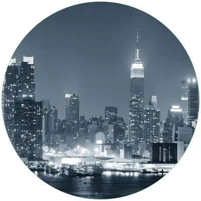 Produktbild von Wallario Premium Glasbild, freischwebende Optik, kräftige Farben, rund 50cm Durchmesser, Motiv New York Skyline - Schwarz Weiß Blau