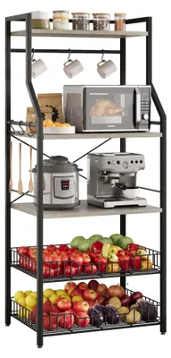 Immagine prodotto di Ripiano per cucina - Ripiano per microonde - 5 ripiani - Metallo e legno - Con ganci - 2 cesti portaoggetti - Estendibile - 60 x 40 x 146 cm
