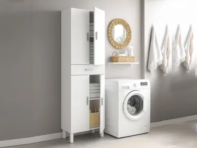Produktbild von Mehrzweck-Kabinett Dlobotk, Schrank für Badezimmer oder Waschküche mit 4 Türen und 1 Schublade, Mehrzweck-Schuhschrank, 60x29h182 cm, Glänzend Weiß