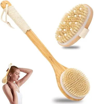 Immagine prodotto di Set da 2 pezzi per la pulizia e il massaggio del corpo e della schiena – 1 spazzola per la schiena da 40 cm + 1 spazzola per le mani con protuberanze massaggianti, setole morbide per la pulizia, il massaggio e l'esfoliazione