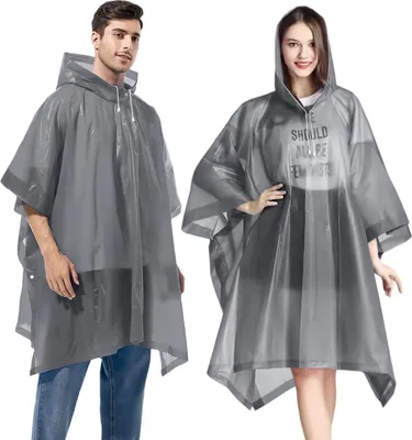 Produktbild von 2er Set Transparente Regenponchos mit Kapuze und Tunnelzug - Wasserdichte Regenjacken für Damen und Herren - Faltbare Ponchos für Camping und