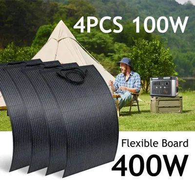 Immagine prodotto di Set di pannelli solari flessibili - 4×100 W (400 W) - Monocristallini - 18 V - Impermeabili IP67 - Connettori MC4 - Per camper, barche, campeggio