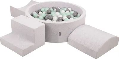 Obrázok produktu pre KiddyMoon Mäkké penové ihrisko pre deti s guľatým loptičkovým ihriskom (300 ∅ 7 cm) s mäkkými prekážkami a loptičkovým bazénom,  vyrobené v EÚ, Svetlo sivá:Biela/Grey/Mäta, Verzia 6