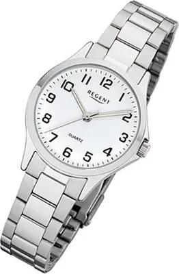 A close-up studio shot of a silver analog wristwatch with a white dial.