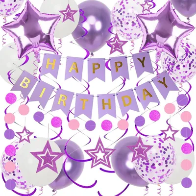 Productafbeelding van Verjaardagsdecoratieset paars en wit: "Happy Birthday" slingers, sterren- en spiraalversieringen, sterrenballonnen, puntenslinger