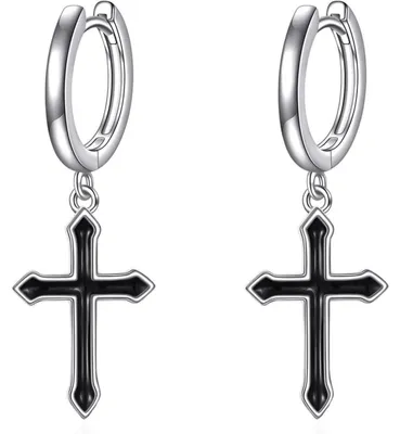 Produktbild von Creolen mit Kreuz und Sternen 925 Sterling Silber Schwarz 28,5mm