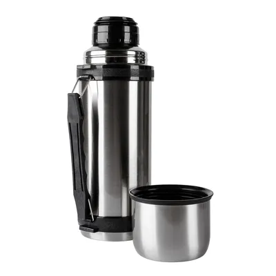 Produktbild von Edelstahl-Thermoskanne 1L mit Tragegriff Gurt Trinkbecher Thermosflasche Tee Kaffee