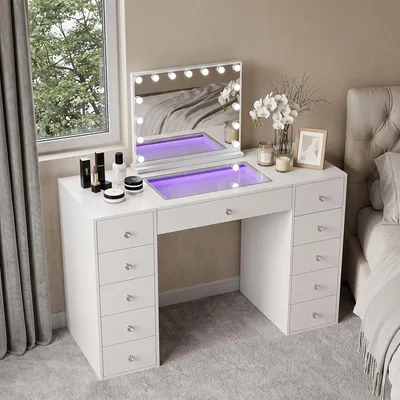 Image de Coiffeuse avec Miroir LED, 11 Tiroirs Blanc 130 x 55 x 127 cm