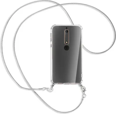 Produktbild von Handykette Backcover-Schutzhülle mit Band (Metall silberfarben) für Nokia 6.1 - silberfarbene Kette Snake