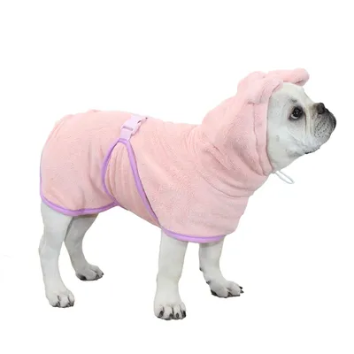 Produktbild von Hundebademantel mit Kapuze – schnelltrocknend & saugfähig, Mikrofaser-Hundebadetuch mit Klettverschluss, L, Rosa, für große Hunde