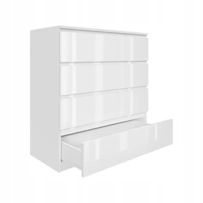 A white chest of drawers with one drawer partially open, shown against a white background.