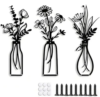 Produktbild von Solidchoice- Wanddekoration Set aus 3 Teilen - Schwarze Blumentöpfe - Metallische Wanddekoration - Minimalistisches Linienmuster - 3D-Effekt - Langlebig und wasserdicht - Wandvasen