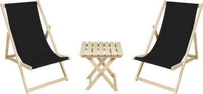 Produktbild von 2 x Liegestuhl + Beistelltisch Strandliege Holz Sonnenliege Gartenliege Gartentisch Schwarz