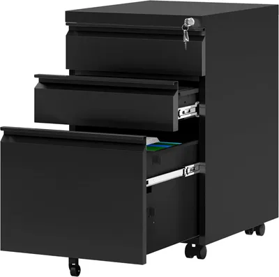 Image de Caisson à roulettes avec 3 tiroirs armoire de classement mobile avec roulettes caisson de bureau caisson de bureau armoire à tiroirs armoire à roulettes noir