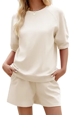 Image de Ensemble de salon KFUBUO pour femmes, composé de deux pièces, idéal pour l'été, avec des tenues assorties à manches courtes