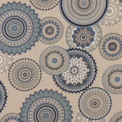 Produktbild von Dekostoff Meterware Halbpanama Leinenlook Mandalas natur blau 1,40m