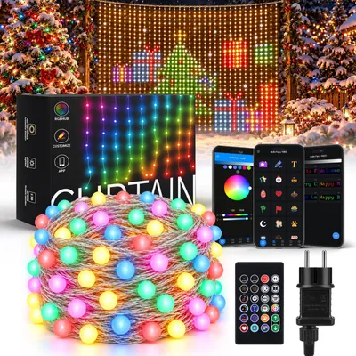 Image de Guirlande lumineuse LED "Smart Vorhang" avec boules, mode musique, minuterie, contrôle via application, télécommande RGB, éclairage de Noël personnalisable, guirlande lumineuse colorée, éclairage suspendu, dimensions 2x2 mètres