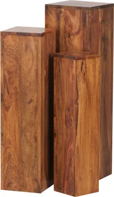 Three wooden pedestal tables of varying heights stand side-by-side against a white background.