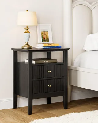 Produktbild von Nachttisch aus Holz mit 2 Schubladen, in Schwarz, im Retro-Stil, geeignet für Schlafzimmer oder Wohnzimmer