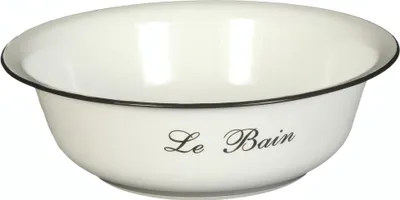A white enamel wash basin with a black rim, featuring the text "Le Bain" in script.