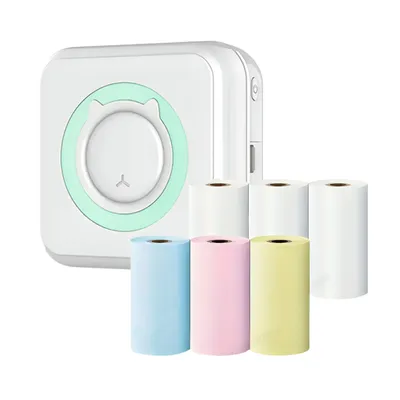 Obrázok produktu pre sada 2 prenosných USB termotlačiarní pre smartfón, mobilná fototlačiareň bez atramentu a 6 farebných kotúčov termopapiera - MINIMULTIROLL