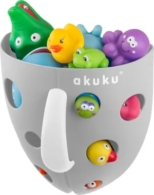A grey bath toy storage container filled with various colorful bath toys.