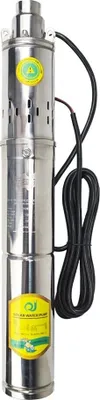 A stainless steel submersible pump with a black power cord, set against a white background. It has two yellow labels with text and logos.